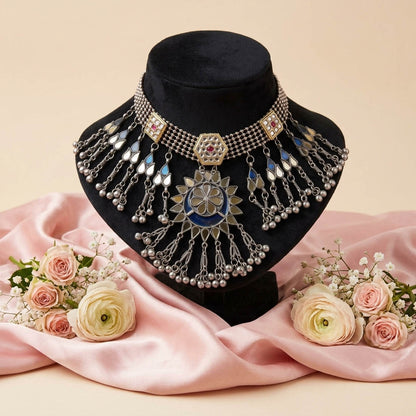 Striking Blue Color Dual Tone Mirror Work Oxidised Necklace Party Wear