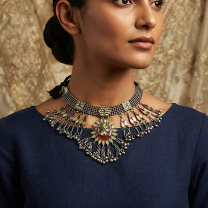 Vibrant Red Color Dual Tone Mirror Work Oxidised Necklace Traditional Accessory