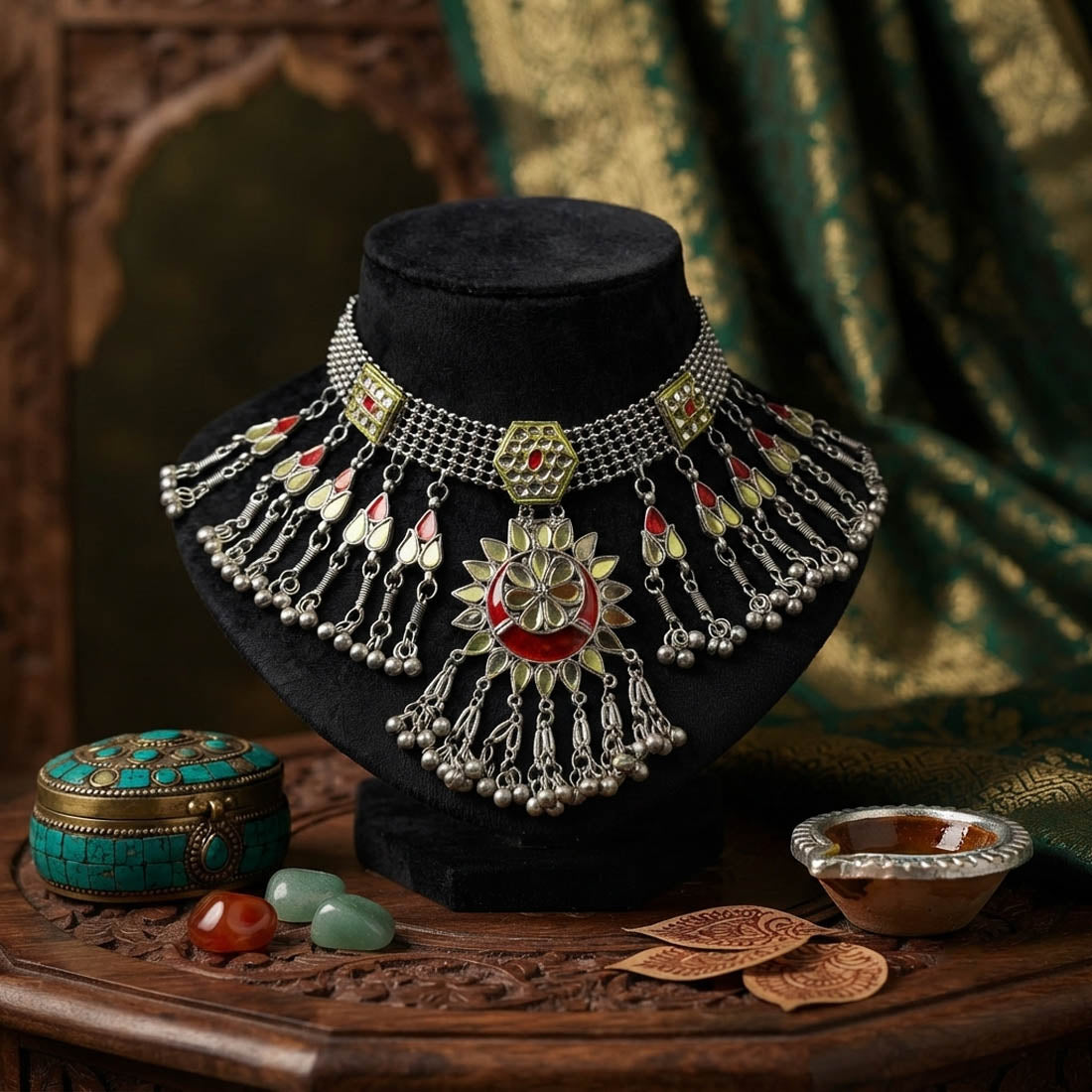 Vibrant Red Color Dual Tone Mirror Work Oxidised Necklace Traditional Accessory