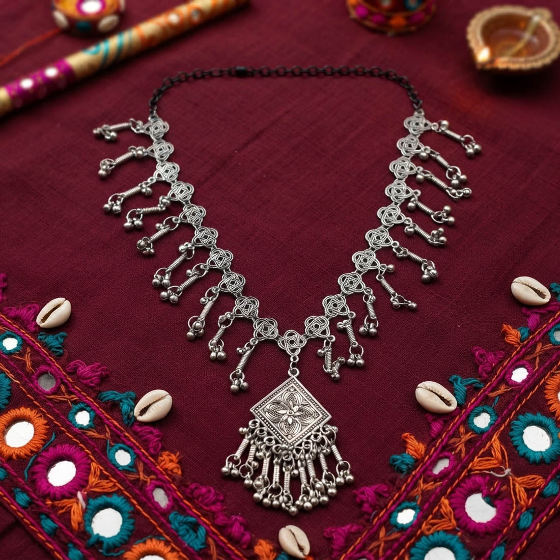 Chic Silver Color Oxidised Necklace Designed for Indo-Western Fusion Outfits