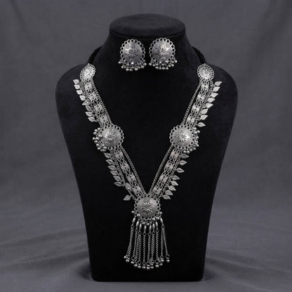 Premium Silver Color Oxidised Necklace Set Featuring Detailed Filigree Work
