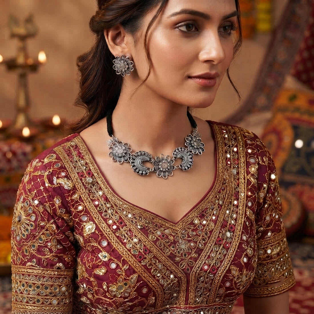 Charming Silver Color Floral Shape Oxidised Necklace Set with Matching Jhumkis