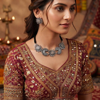 Charming Silver Color Floral Shape Oxidised Necklace Set with Matching Jhumkis