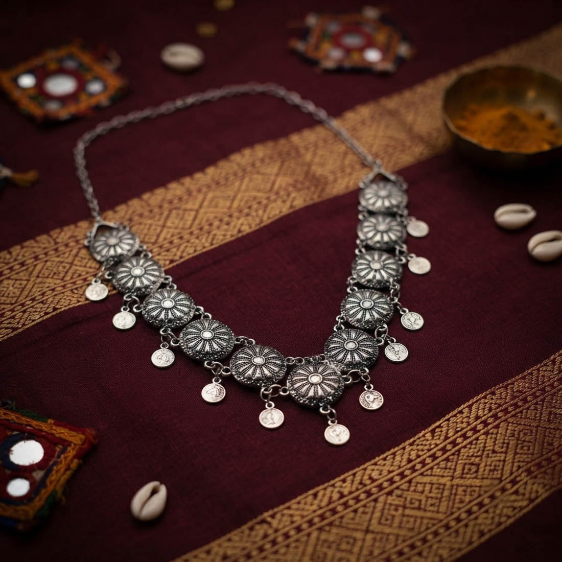 Contemporary Silver Color Oxidised Necklace Lightweight Daily Wear Fashion Piece