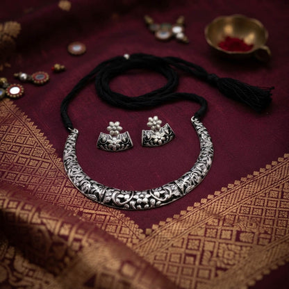 Striking Silver and Black Color Oxidised Necklace Set with Antique Polish