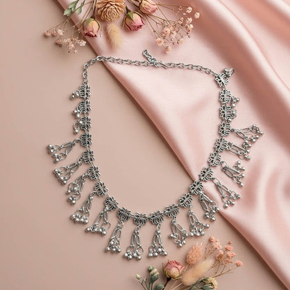 Elegant Silver Color Lotus Design Oxidised Necklace Inspired by Traditional Motifs