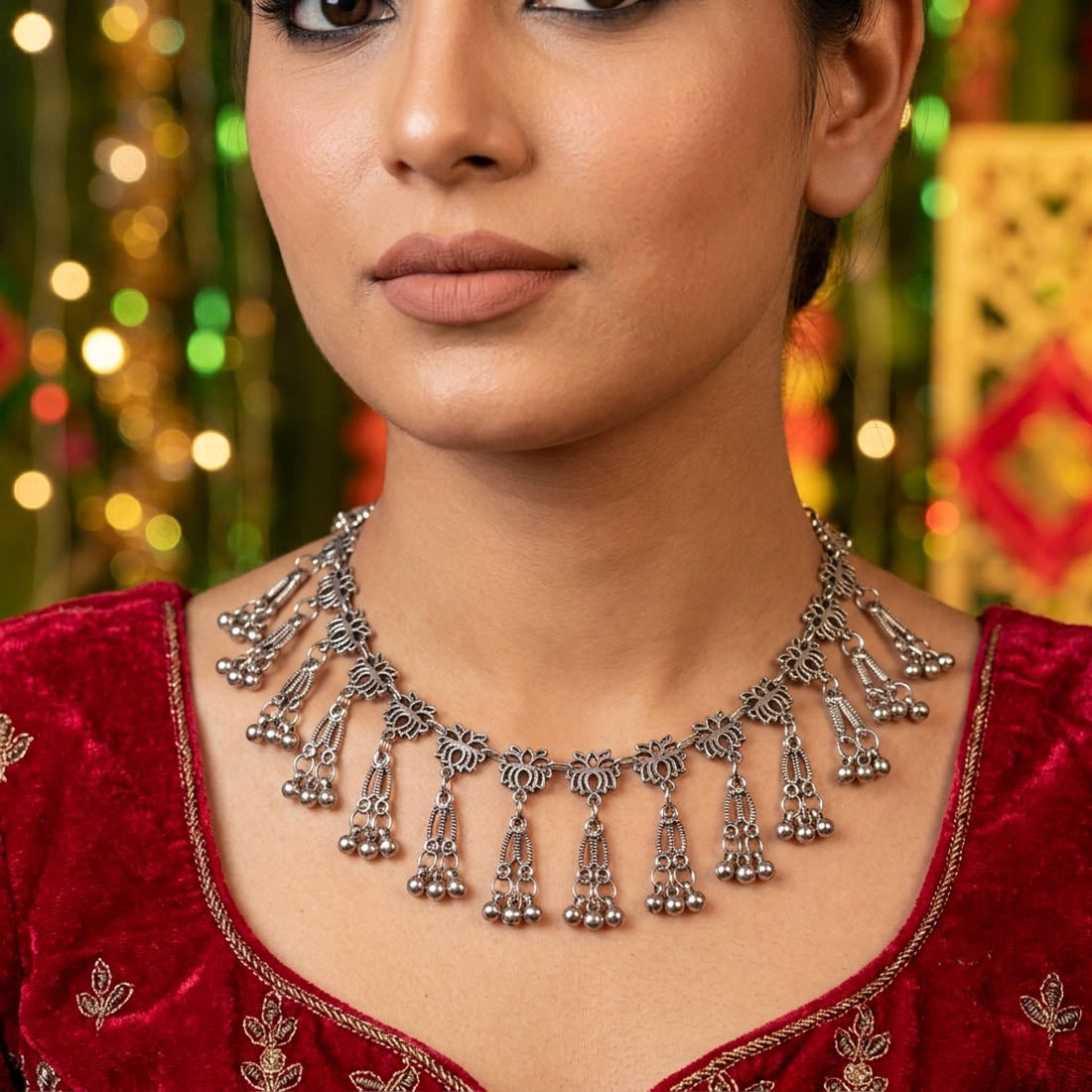 Elegant Silver Color Lotus Design Oxidised Necklace Inspired by Traditional Motifs
