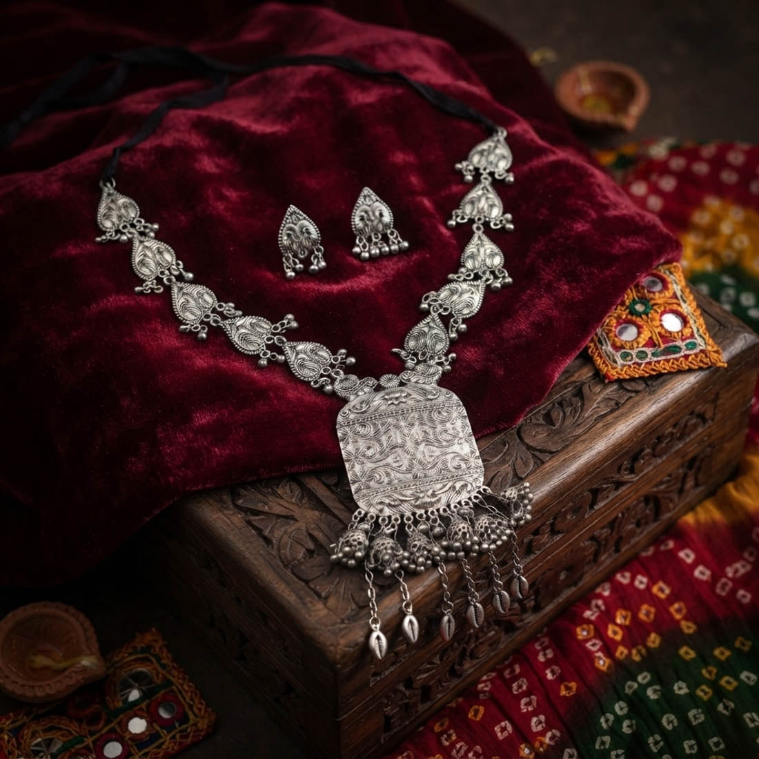 Sophisticated Silver Color Oxidised Necklace Set for Wedding Guest Styling