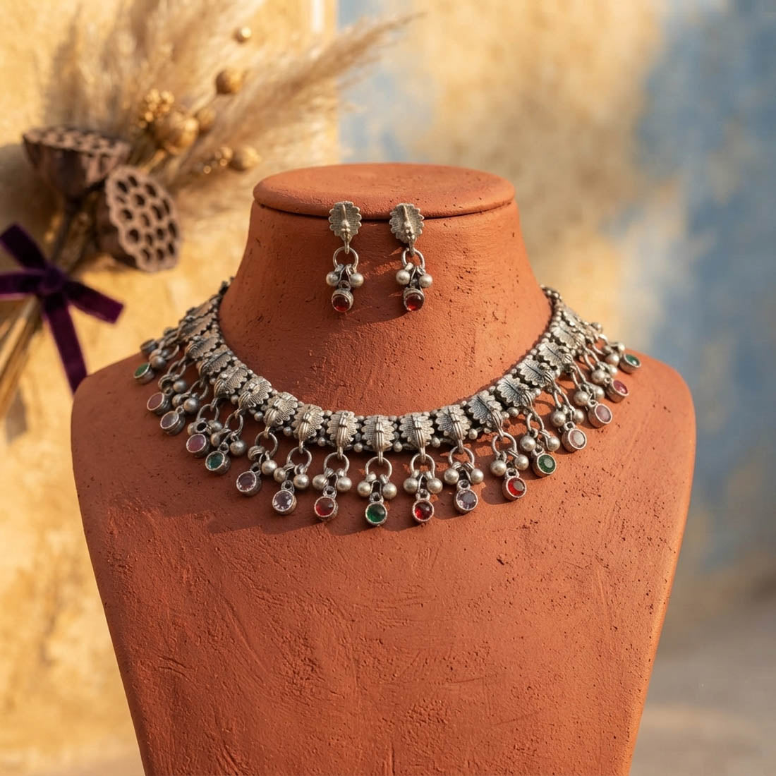 Colorful Gemstone Embedded Multi Color Oxidised Necklace Set Ethnic Jewelry