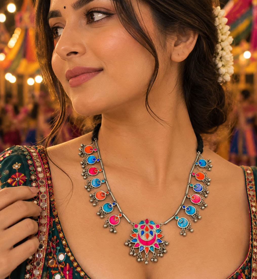 Celestial Multi Color Moon Design Oxidised Necklace Statement Fashion Piece