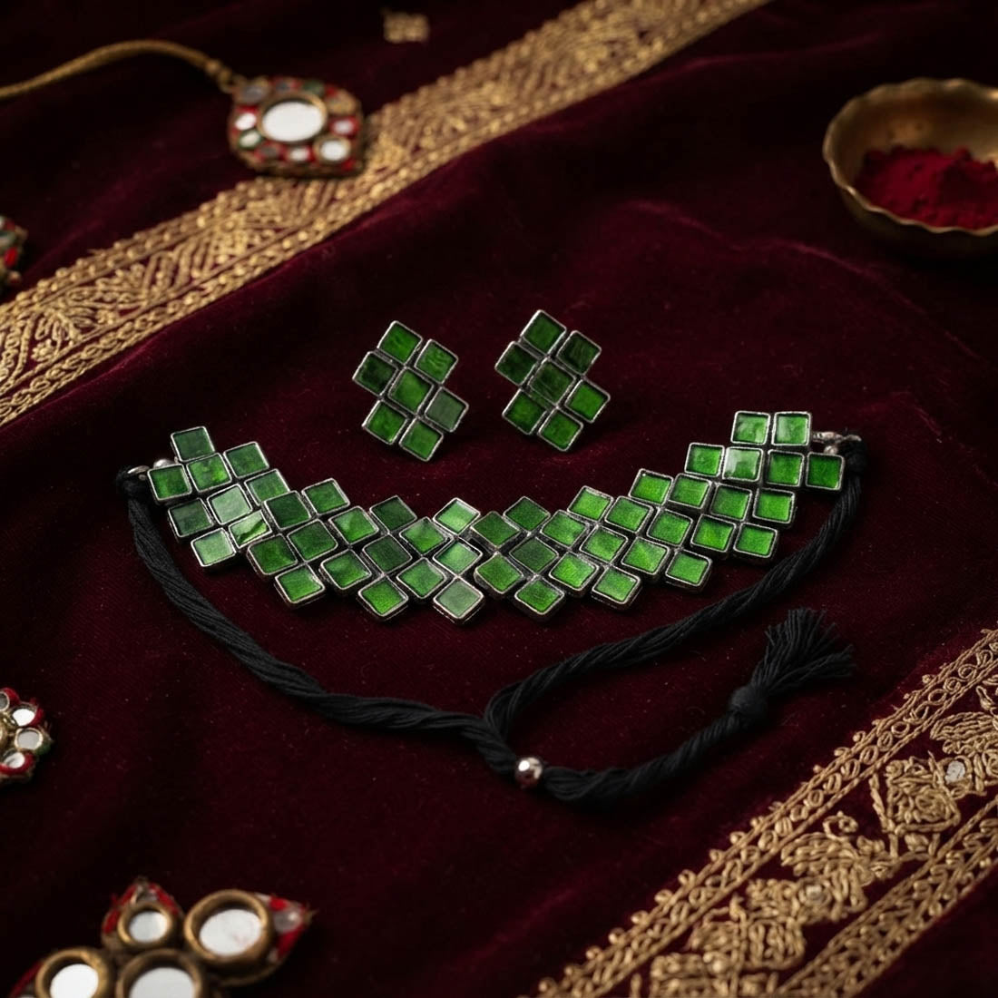 Rich Green Color Oxidised Necklace Set Featuring Stunning Semi-Precious Stones
