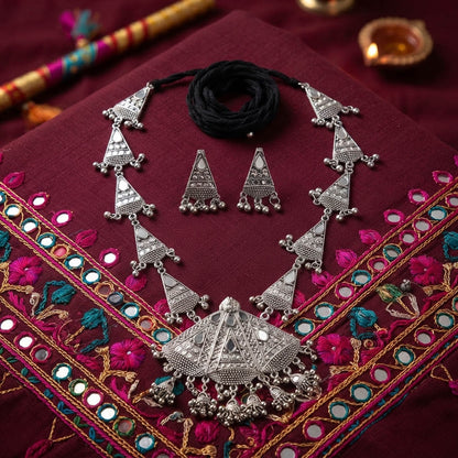 Sparkling Silver Color Mirror Work Oxidised Necklace Set with Earrings