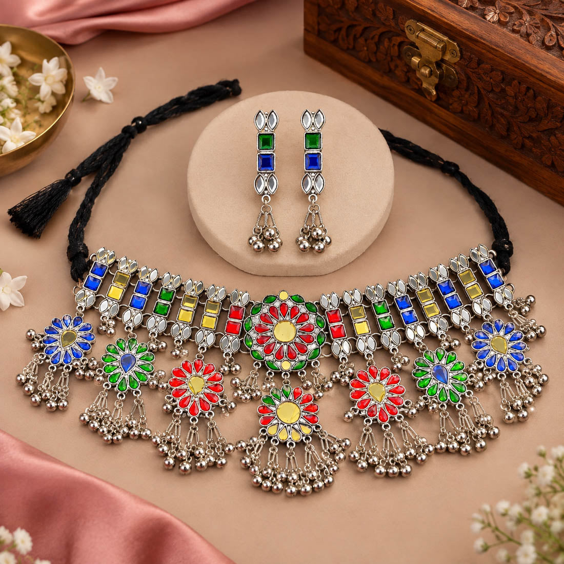 Festive Multi Color Mirror Work Oxidised Necklace Set for Garba Nights