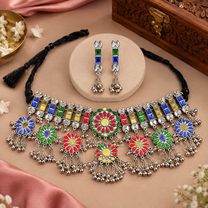Festive Multi Color Mirror Work Oxidised Necklace Set for Garba Nights