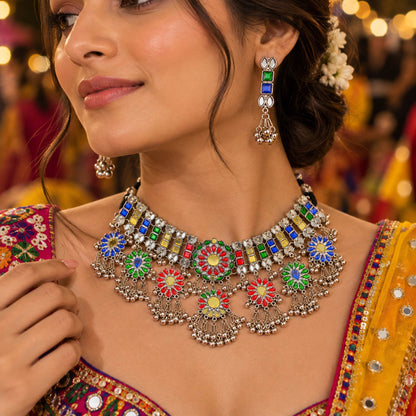 Festive Multi Color Mirror Work Oxidised Necklace Set for Garba Nights