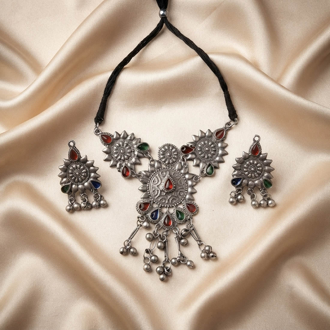 Vibrant Multi Color Oxidised Necklace Set Accentuated with Colorful Beads