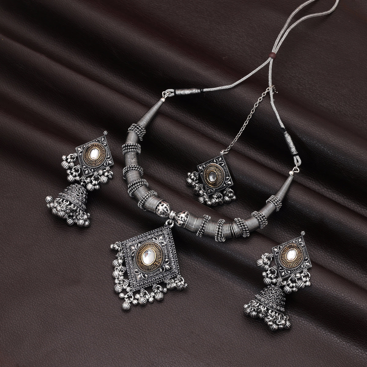 Sophisticated Two Tone Color Dual Tone Oxidised Necklace Set Designed For Indo Western Styling