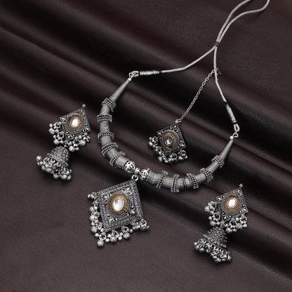 Sophisticated Two Tone Color Dual Tone Oxidised Necklace Set Designed For Indo Western Styling