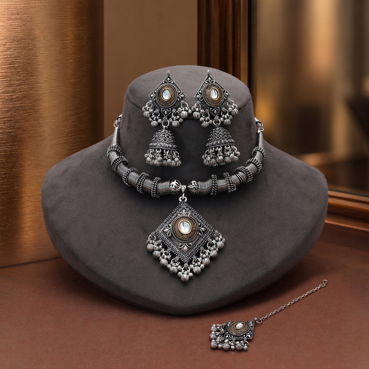 Sophisticated Two Tone Color Dual Tone Oxidised Necklace Set Designed For Indo Western Styling