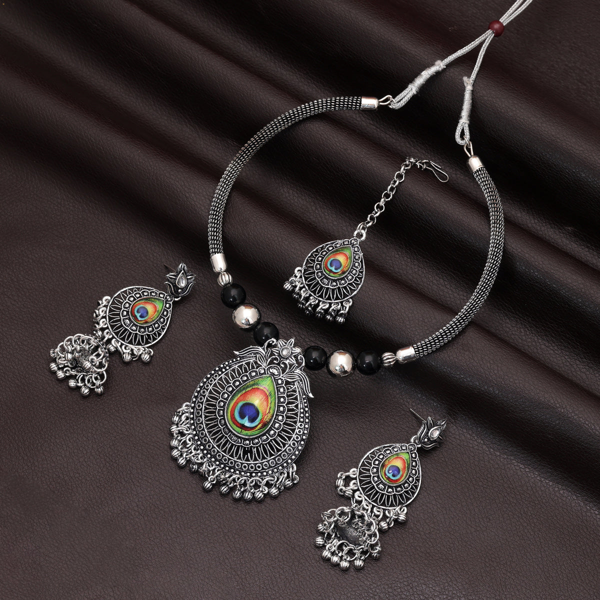 Unique Multi Color Peacock Feather Oxidised Hasli Necklace Set Tailored For Bohemian Cultural Outfits