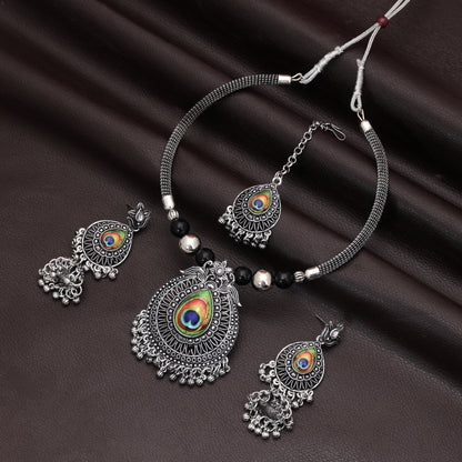 Unique Multi Color Peacock Feather Oxidised Hasli Necklace Set Tailored For Bohemian Cultural Outfits