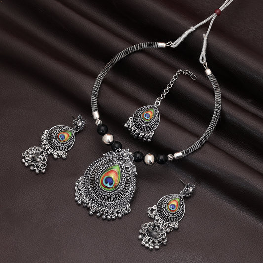Unique Multi Color Peacock Feather Oxidised Hasli Necklace Set Tailored For Bohemian Cultural Outfits