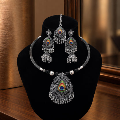 Unique Multi Color Peacock Feather Oxidised Hasli Necklace Set Tailored For Bohemian Cultural Outfits