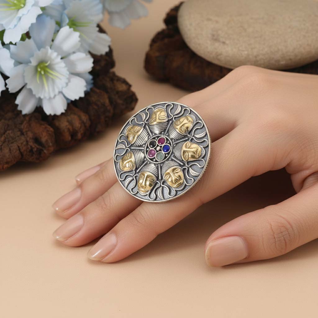 Multi Color Dual Tone Oxidised Rings Designed With Artistic Multi-Hued Oxidised Craftsmanship For Festive Wear