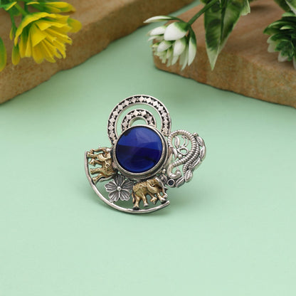 Blue Color Dual Tone Oxidised Rings Featuring Striking Cool Tones With Detailed Oxidised Metalwork