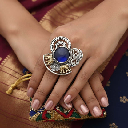 Blue Color Dual Tone Oxidised Rings Featuring Striking Cool Tones With Detailed Oxidised Metalwork