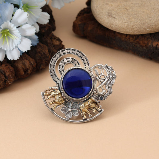 Blue Color Dual Tone Oxidised Rings Featuring Striking Cool Tones With Detailed Oxidised Metalwork