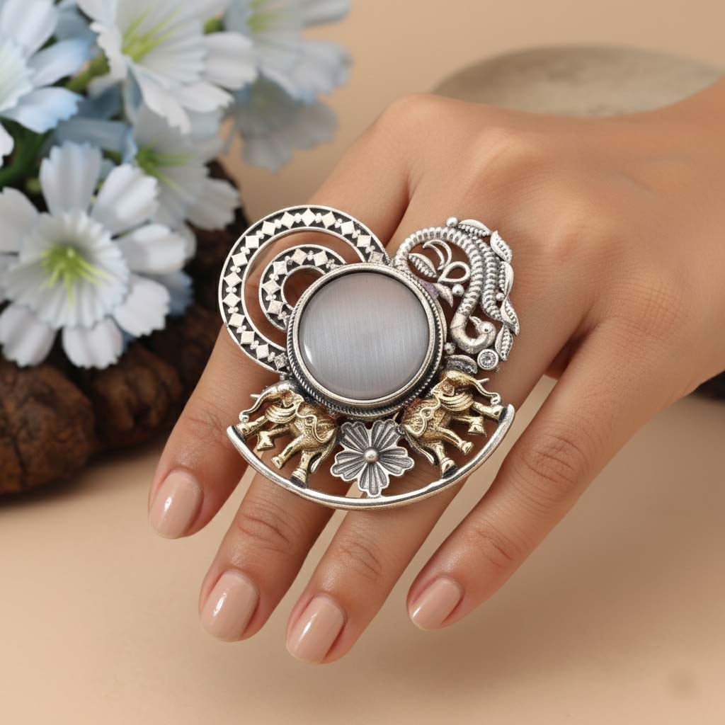 Grey Color Dual Tone Oxidised Rings Designed With Soft Neutral Tones And Intricate Handcrafted Oxidised Styling