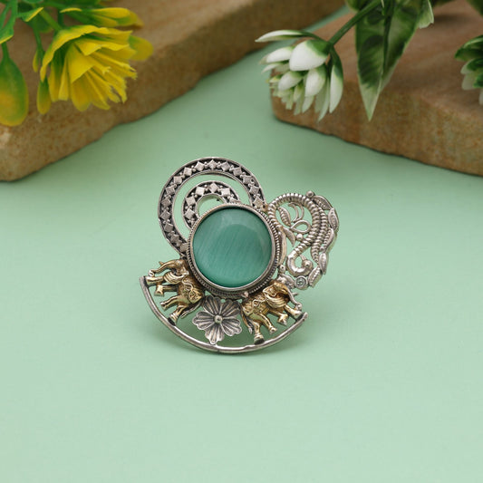 Pista Green Color Dual Tone Oxidised Rings Crafted With Refreshing Hues And Classic Oxidised Accents