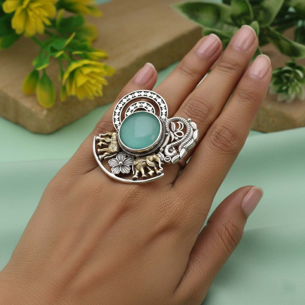 Pista Green Color Dual Tone Oxidised Rings Crafted With Refreshing Hues And Classic Oxidised Accents