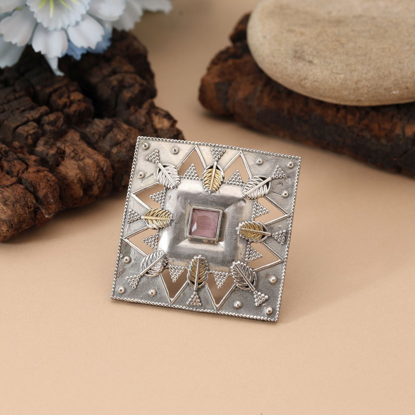 Light Pink Color Dual Tone Oxidised Rings Blending Delicate Soft Tones With Detailed Oxidised Artistry