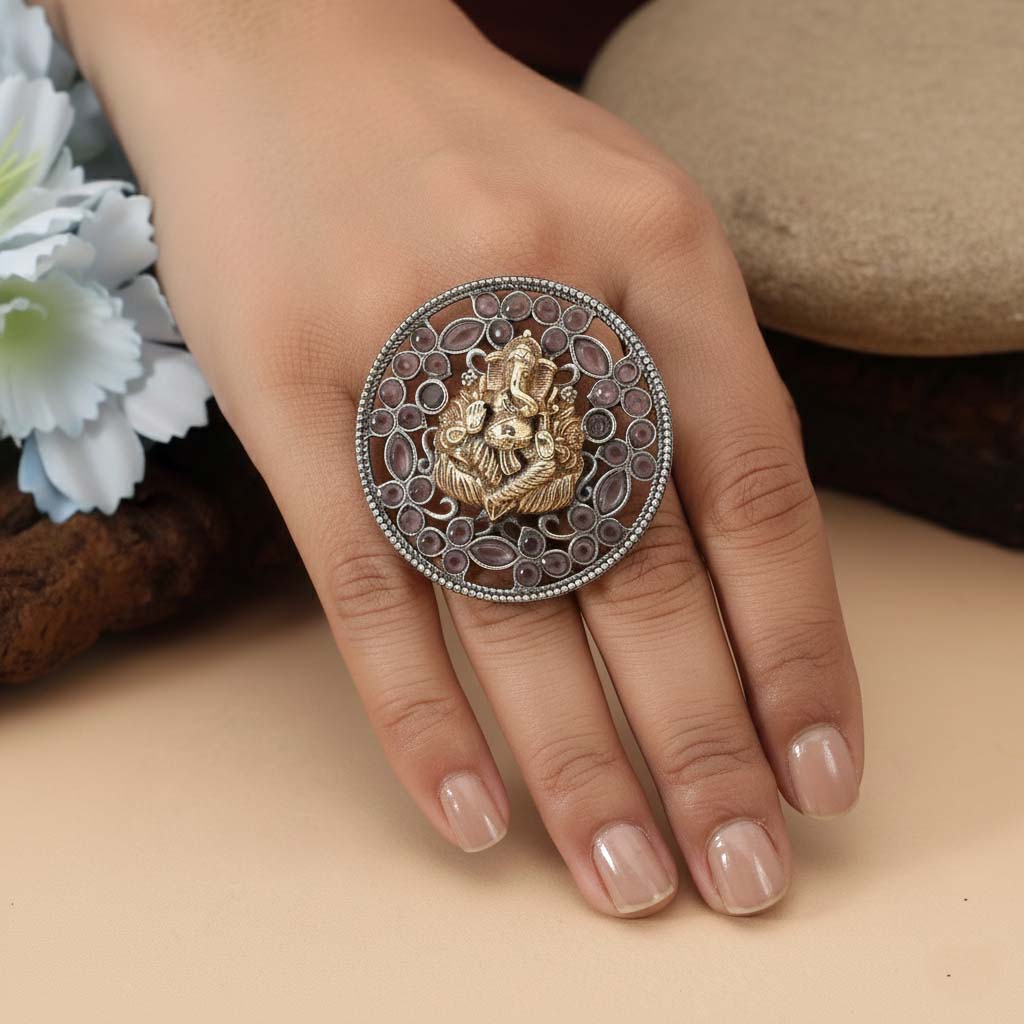 Gold & Silver Color Dual Tone Oxidised Rings Highlighting Dual Metallic Shades With Intricate Carved Motifs