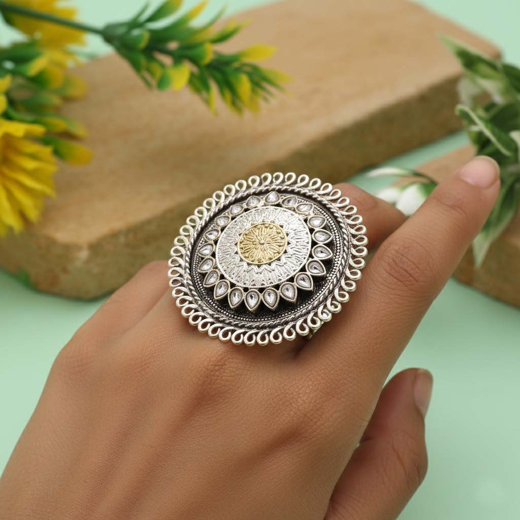 Gold & Silver Color Dual Tone Oxidised Rings Showcasing Balanced Contrasting Tones With Decorative Oxidised Elements
