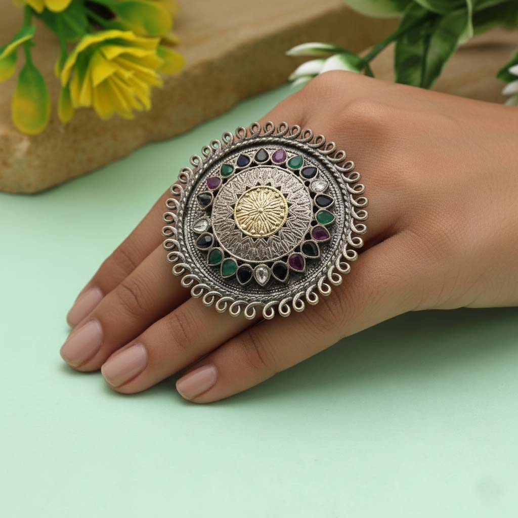 Multi Color Dual Tone Oxidised Rings Designed For Vibrant Styling With Elaborate Oxidised Artistic Patterns