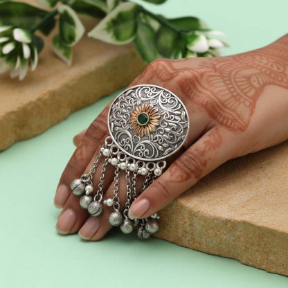 Green Color Dual Tone Oxidised Rings Featuring Fresh Vibrant Tones With Beautiful Oxidised Metal Artistry