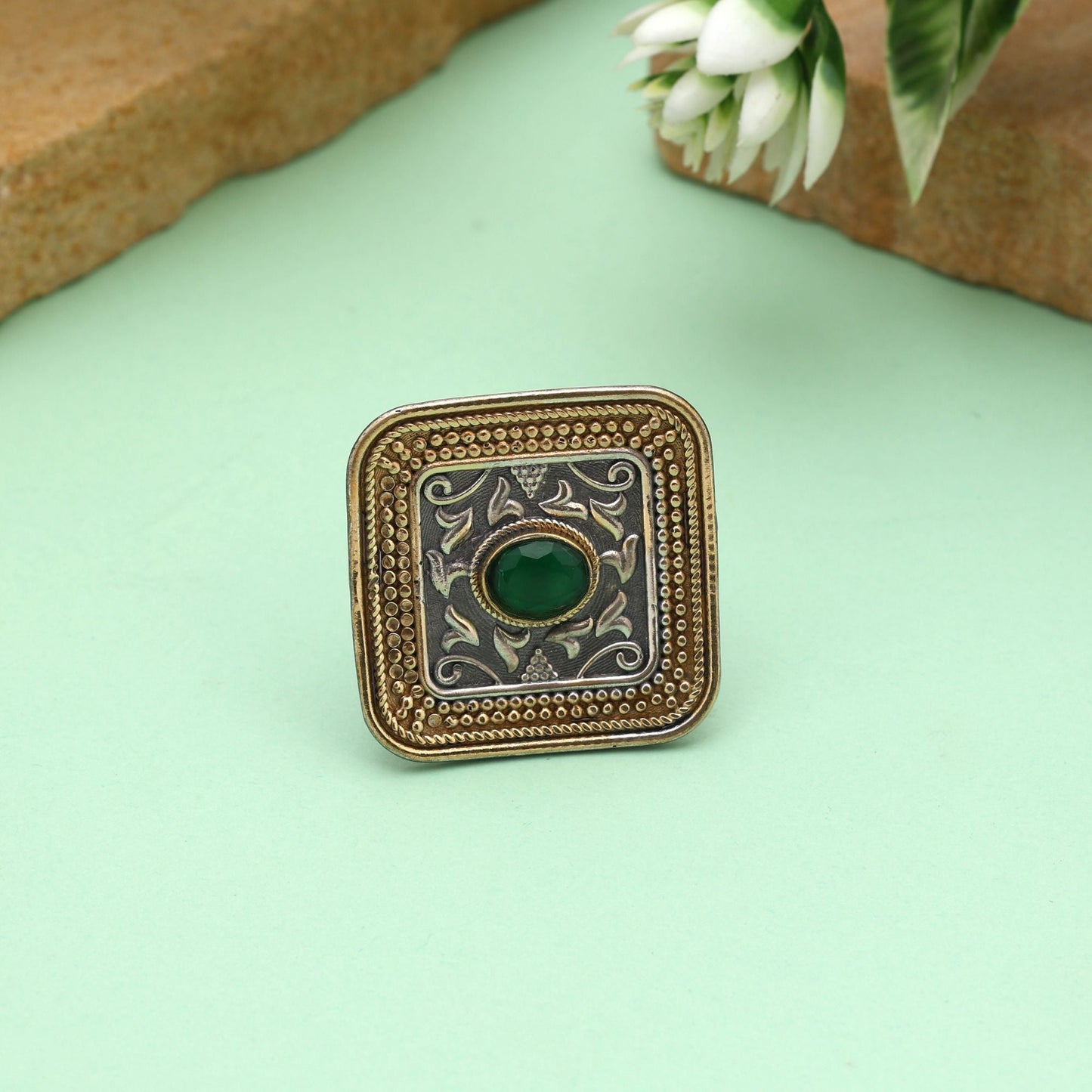 Green Color Dual Tone Oxidised Rings Featuring Bright Earthy Tones With Refined Traditional Oxidised Patterns