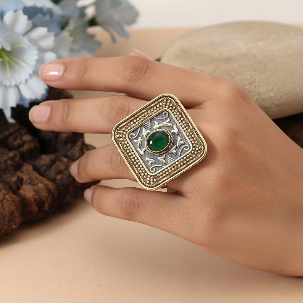 Green Color Dual Tone Oxidised Rings Featuring Bright Earthy Tones With Refined Traditional Oxidised Patterns