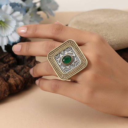 Green Color Dual Tone Oxidised Rings Featuring Bright Earthy Tones With Refined Traditional Oxidised Patterns