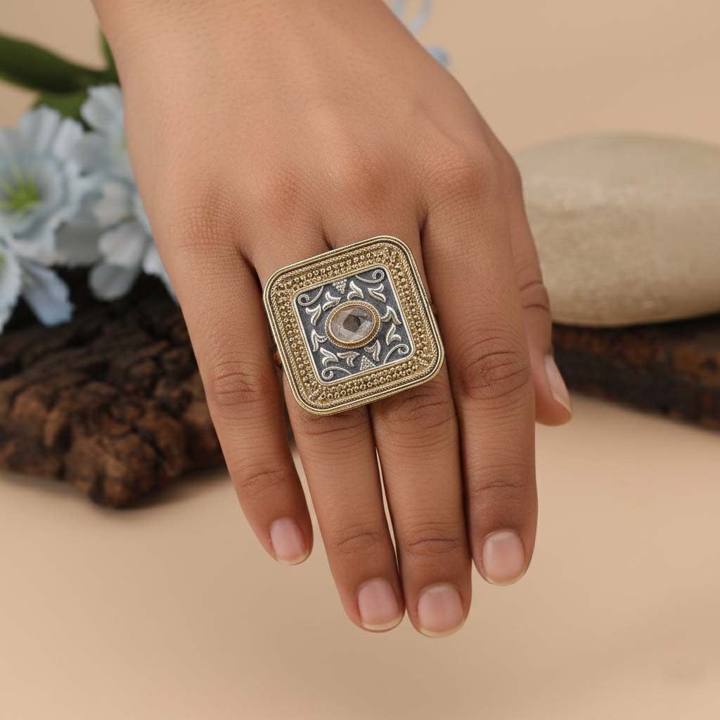 Gold & Silver Color Dual Tone Oxidised Rings Combining Classic Metallic Tones With Ornate Oxidised Details