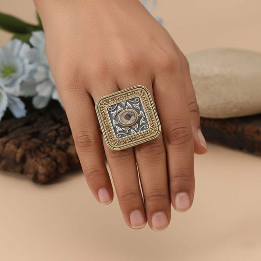 Gold & Silver Color Dual Tone Oxidised Rings Combining Classic Metallic Tones With Ornate Oxidised Details