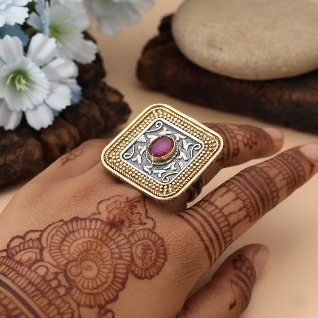 Rani Color Dual Tone Oxidised Rings Crafted With Luxurious Detailing And Traditional Oxidised Patterns