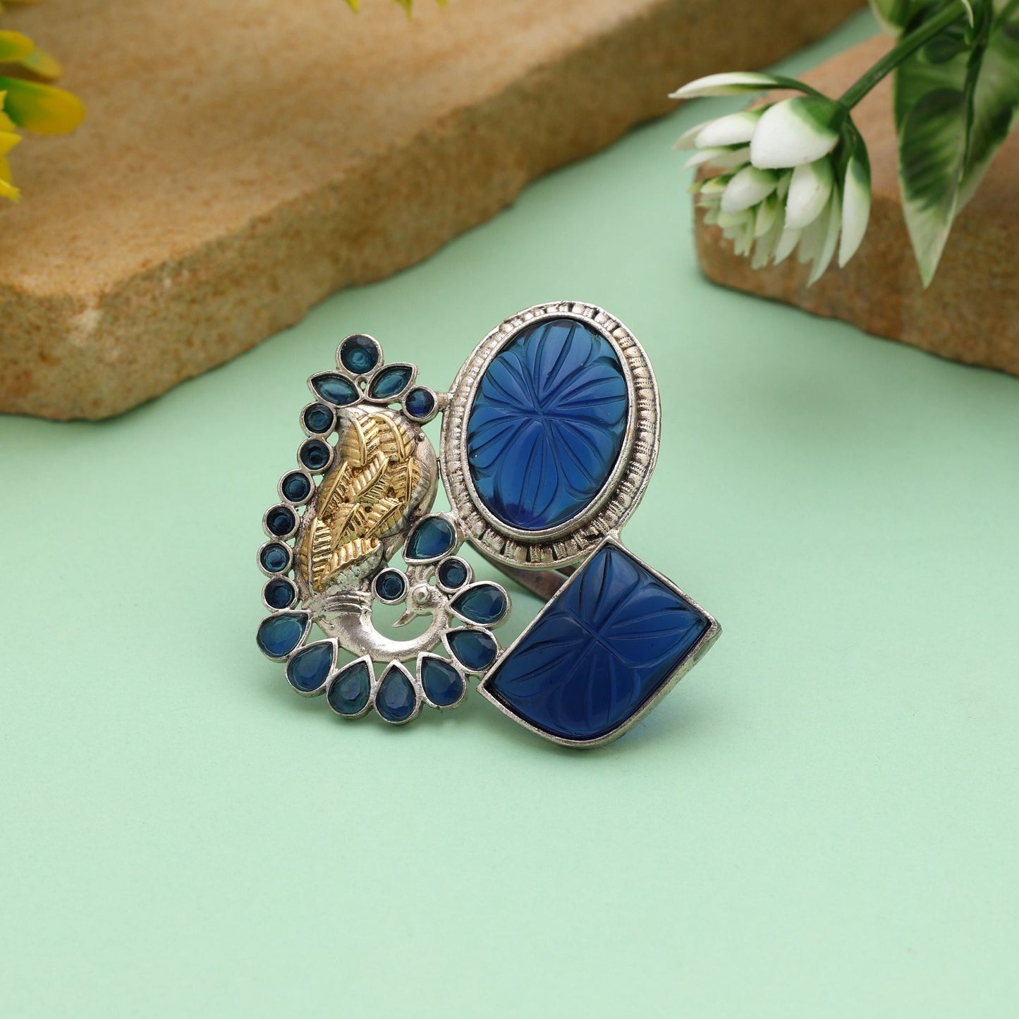Blue Color Dual Tone Oxidised Rings Showcasing Cool Bold Hues With Expertly Detailed Oxidised Texture