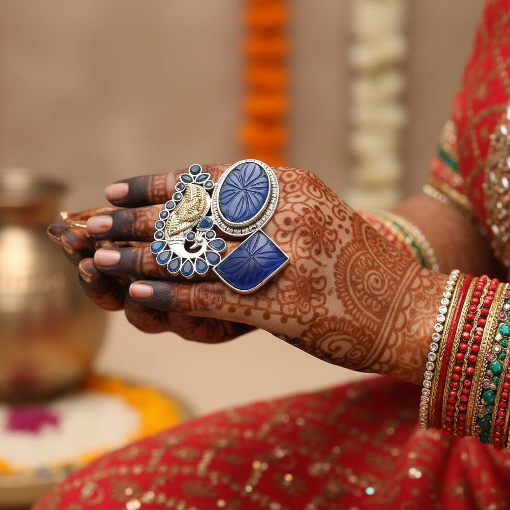 Blue Color Dual Tone Oxidised Rings Showcasing Cool Bold Hues With Expertly Detailed Oxidised Texture