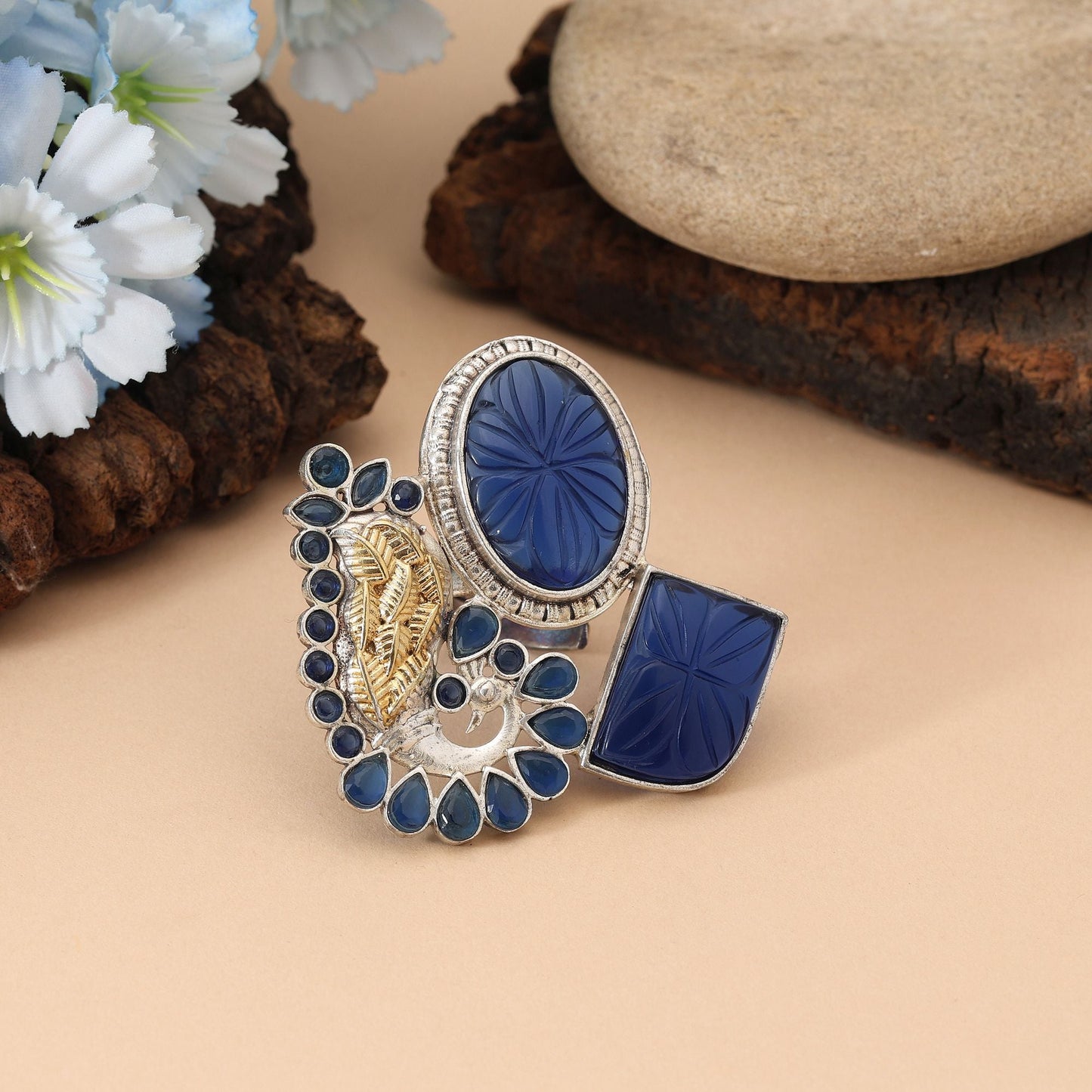 Blue Color Dual Tone Oxidised Rings Showcasing Cool Bold Hues With Expertly Detailed Oxidised Texture