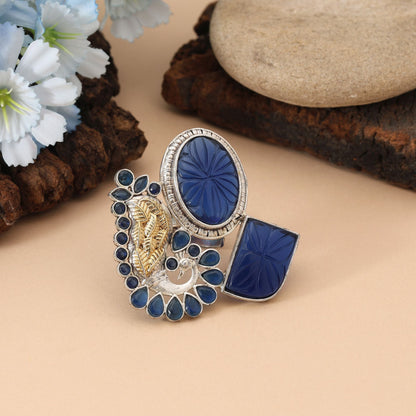 Blue Color Dual Tone Oxidised Rings Showcasing Cool Bold Hues With Expertly Detailed Oxidised Texture