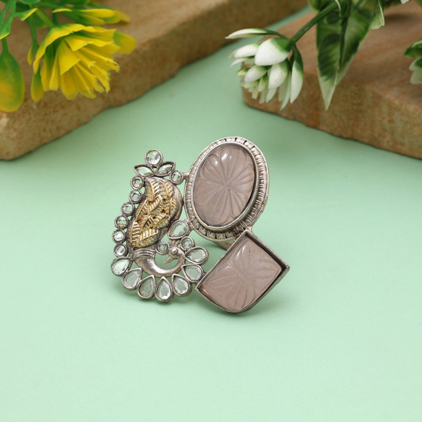 Grey Color Dual Tone Oxidised Rings Offering Subtle Elegance With Intricately Designed Oxidised Texture